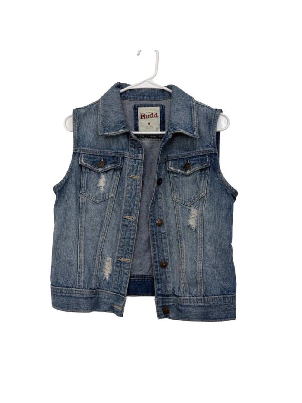Mudd Womens Medium Distressed Blue Denim Sleeveless Vest Button Front